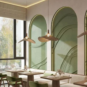 Arched Wall Decor With Green Panels And Modern Cafe Seating