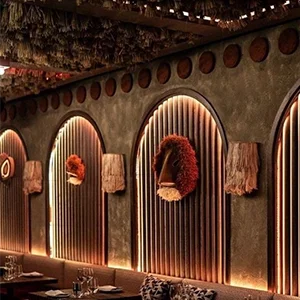 Arched Wall Decor With Vertical Wooden Panels And Ambient Lighting