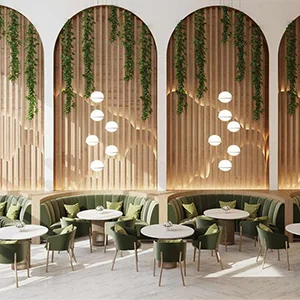 Luxury Restaurant Banquette Seating with Wooden Slat Wall