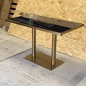 Rectangular Black Marble Dining Table with Twin Gold Pedestal Base