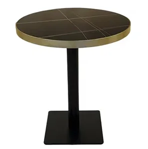 Round Black Marble Café Table with Gold Rim & Pedestal Base