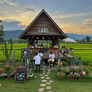 Rustic Outdoor Coffee Hut in Green Fields with Countryside View
