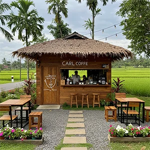 Rustic Wooden Coffee Hut with Thatched Roof and Outdoor Seating