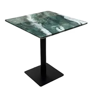 Square Green Marble Dining Table with Black Pedestal Base