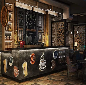 Vintage Industrial Cafe Counter Design with Rustic Decor, Illuminated Coffee Graphics, and Warm Ambient Lighting
