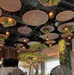 Wooden Ceiling Decor With Hanging Plants And Warm Lighting