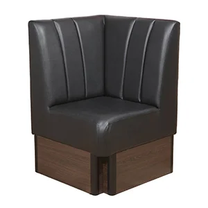 black leather corner booth seat with a dark wood base