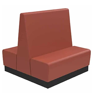 double restaurant booth in a reddish-brown or rust vinyl, featuring a high backrest and a black bas