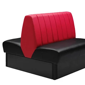 restaurant booth with a channel-back design, upholstered in red and black