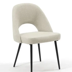 Modern upholstered cafe chair in beige fabric with black metal legs for commercial seating